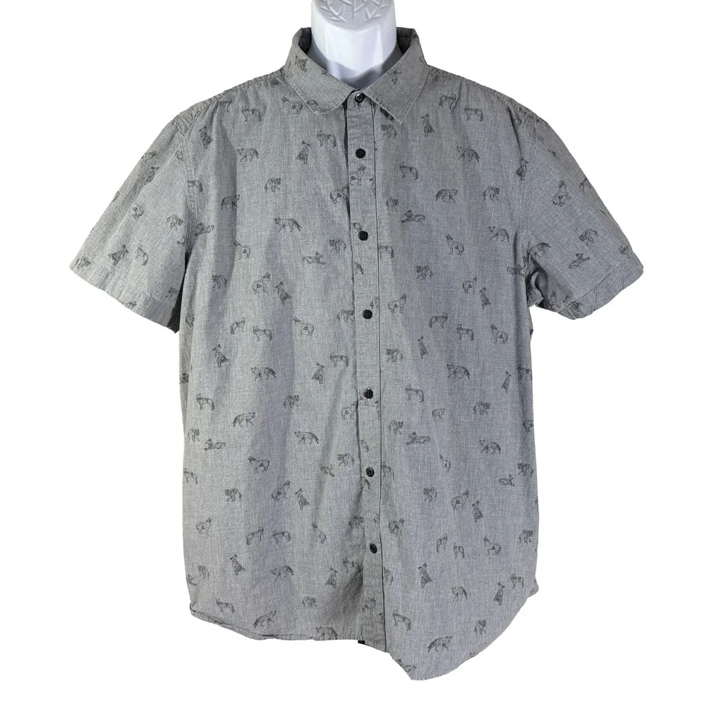 The North‎ Face Button Down Shirt Mens XXL Gray Wolf Print Short Sleeve Cotton
